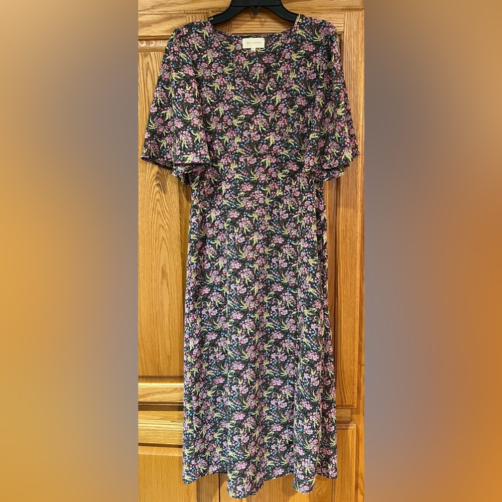 MELLODAY Floral Print Flutter Sleeve Smocked Back Midi Dress w/ Slit Size Small